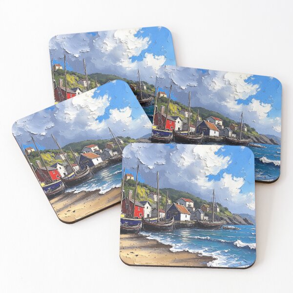 Item preview, Coastal Fishing Village Oil Painting - Sea and Boat Scenery designed and sold by tarzbol.