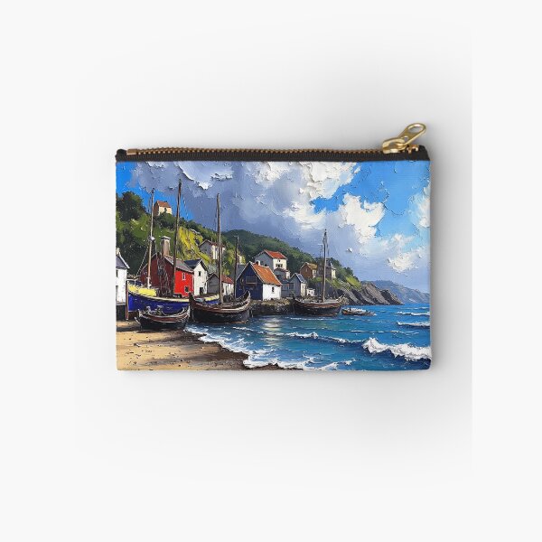 Item preview, Coastal Fishing Village Oil Painting - Sea and Boat Scenery designed and sold by tarzbol.