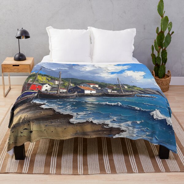 Item preview, Coastal Fishing Village Oil Painting - Sea and Boat Scenery designed and sold by tarzbol.