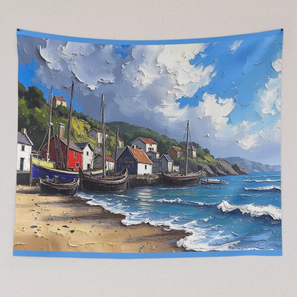 Item preview, Coastal Fishing Village Oil Painting - Sea and Boat Scenery designed and sold by tarzbol.