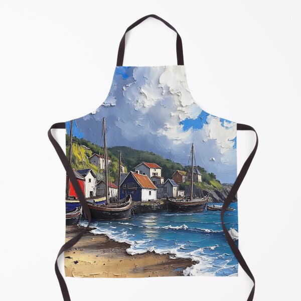 Item preview, Coastal Fishing Village Oil Painting - Sea and Boat Scenery designed and sold by tarzbol.