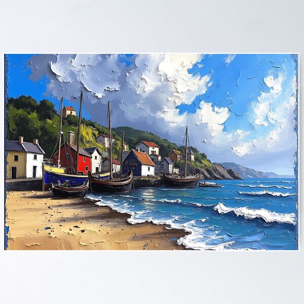 Item preview, Coastal Fishing Village Oil Painting - Sea and Boat Scenery designed and sold by tarzbol.