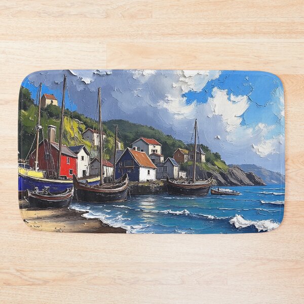 Item preview, Coastal Fishing Village Oil Painting - Sea and Boat Scenery designed and sold by tarzbol.