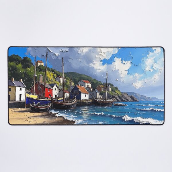 Item preview, Coastal Fishing Village Oil Painting - Sea and Boat Scenery designed and sold by tarzbol.