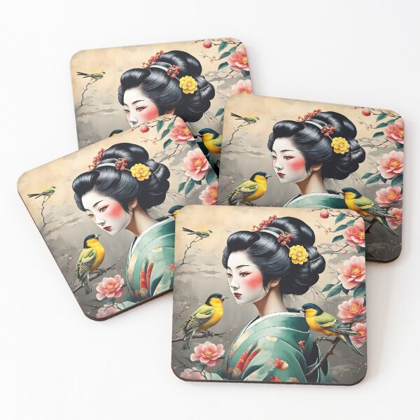 Item preview, Beautiful Japanese geisha in green silk  kimono with yellow birds , cherry blossom, sakura, hanami designed and sold by Coolparrotgirl.