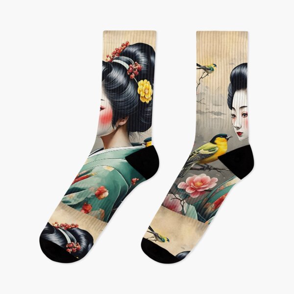 Item preview, Beautiful Japanese geisha in green silk  kimono with yellow birds , cherry blossom, sakura, hanami designed and sold by Coolparrotgirl.