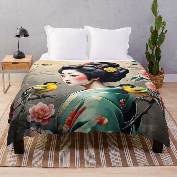 Item preview, Beautiful Japanese geisha in green silk kimono with yellow birds , cherry blossom, sakura, hanami designed and sold by Coolparrotgirl.