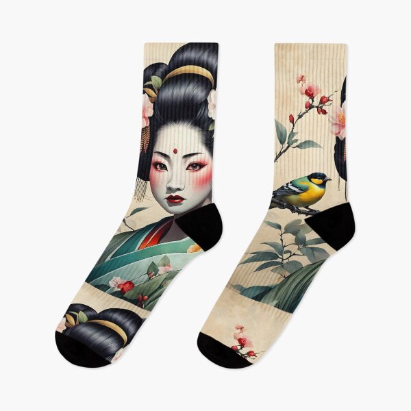 Item preview, Beautiful Japanese geisha in green silk  kimono with yellow birds , cherry blossom, sakura, hanami designed and sold by Coolparrotgirl.