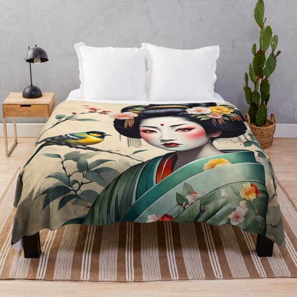 Item preview, Beautiful Japanese geisha in green silk kimono with yellow birds , cherry blossom, sakura, hanami designed and sold by Coolparrotgirl.