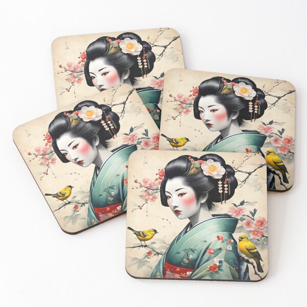 Item preview, Beautiful Japanese geisha in green silk  kimono with yellow birds , cherry blossom, sakura, hanami designed and sold by Coolparrotgirl.