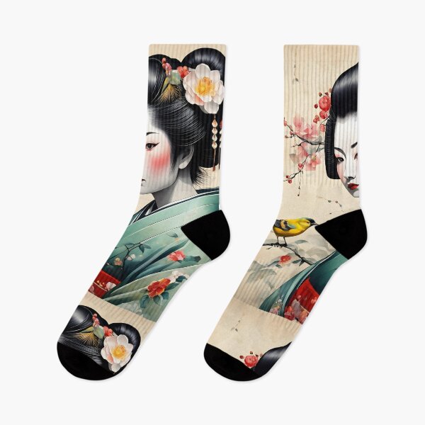 Item preview, Beautiful Japanese geisha in green silk  kimono with yellow birds , cherry blossom, sakura, hanami designed and sold by Coolparrotgirl.