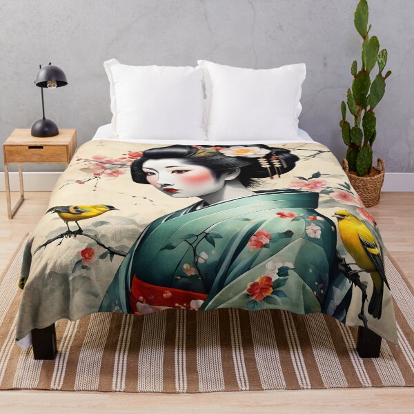 Item preview, Beautiful Japanese geisha in green silk kimono with yellow birds , cherry blossom, sakura, hanami designed and sold by Coolparrotgirl.