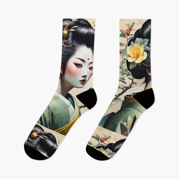 Item preview, Beautiful Japanese geisha in green silk  kimono with yellow birds , cherry blossom, sakura, hanami designed and sold by Coolparrotgirl.