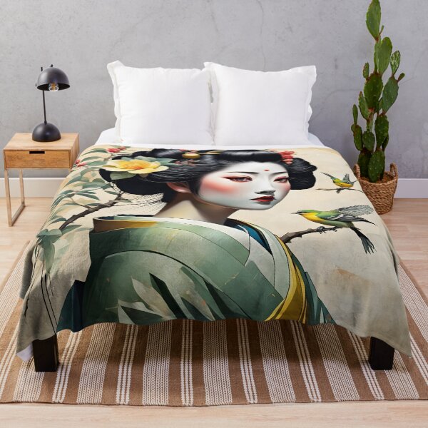 Item preview, Beautiful Japanese geisha in green silk kimono with yellow birds , cherry blossom, sakura, hanami designed and sold by Coolparrotgirl.