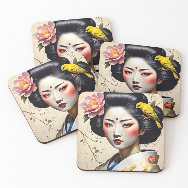 Item preview, Beautiful Japanese geisha in flowerish silk  kimono with yellow birds , cherry blossom, sakura, hanami designed and sold by Coolparrotgirl.