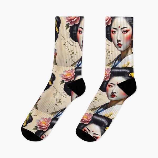 Item preview, Beautiful Japanese geisha in flowerish silk  kimono with yellow birds , cherry blossom, sakura, hanami designed and sold by Coolparrotgirl.