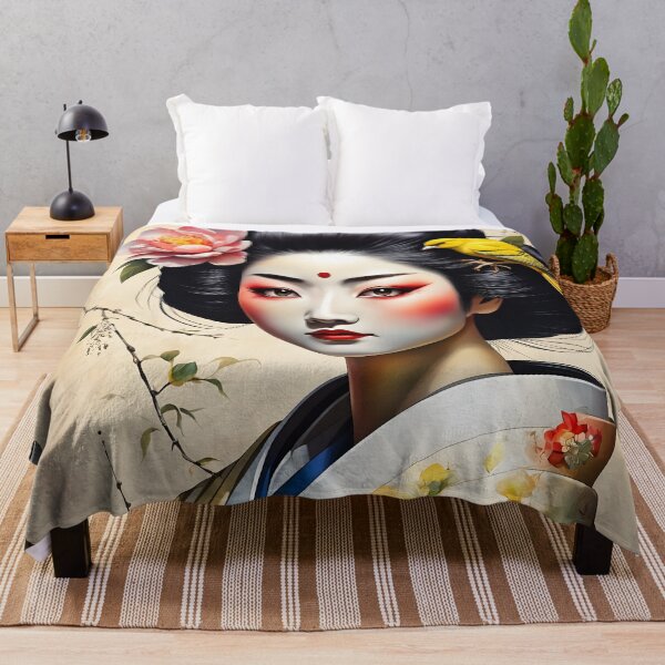 Item preview, Beautiful Japanese geisha in flowerish silk kimono with yellow birds , cherry blossom, sakura, hanami designed and sold by Coolparrotgirl.