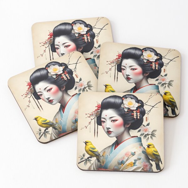 Item preview, Beautiful Japanese geisha in flowerish silk  kimono with yellow birds , cherry blossom, sakura, hanami designed and sold by Coolparrotgirl.
