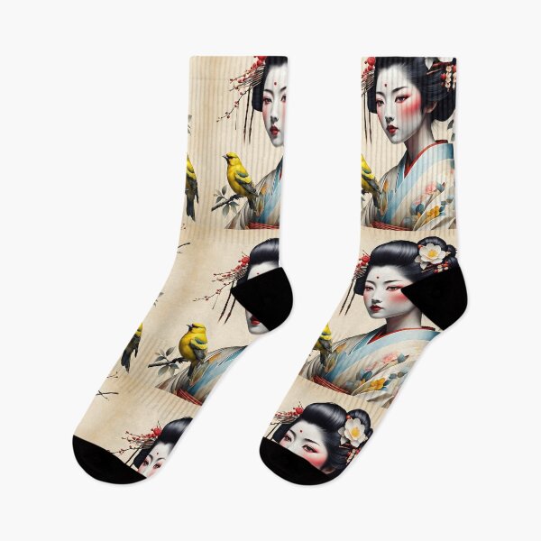 Item preview, Beautiful Japanese geisha in flowerish silk  kimono with yellow birds , cherry blossom, sakura, hanami designed and sold by Coolparrotgirl.