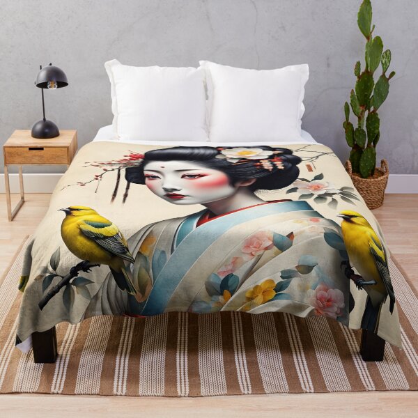 Item preview, Beautiful Japanese geisha in flowerish silk kimono with yellow birds , cherry blossom, sakura, hanami designed and sold by Coolparrotgirl.