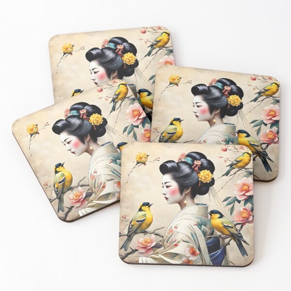 Item preview, Beautiful Japanese geisha in flowerish silk  kimono with yellow birds , cherry blossom, sakura, hanami designed and sold by Coolparrotgirl.
