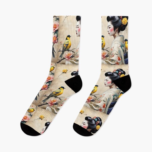 Item preview, Beautiful Japanese geisha in flowerish silk  kimono with yellow birds , cherry blossom, sakura, hanami designed and sold by Coolparrotgirl.
