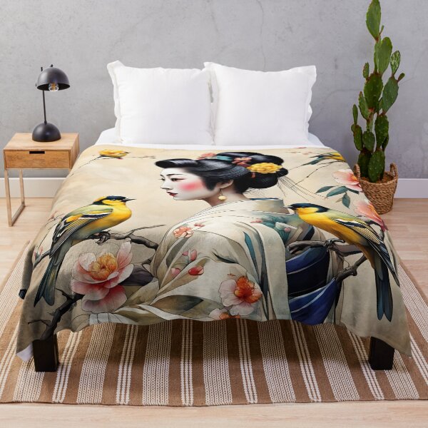 Item preview, Beautiful Japanese geisha in flowerish silk kimono with yellow birds , cherry blossom, sakura, hanami designed and sold by Coolparrotgirl.