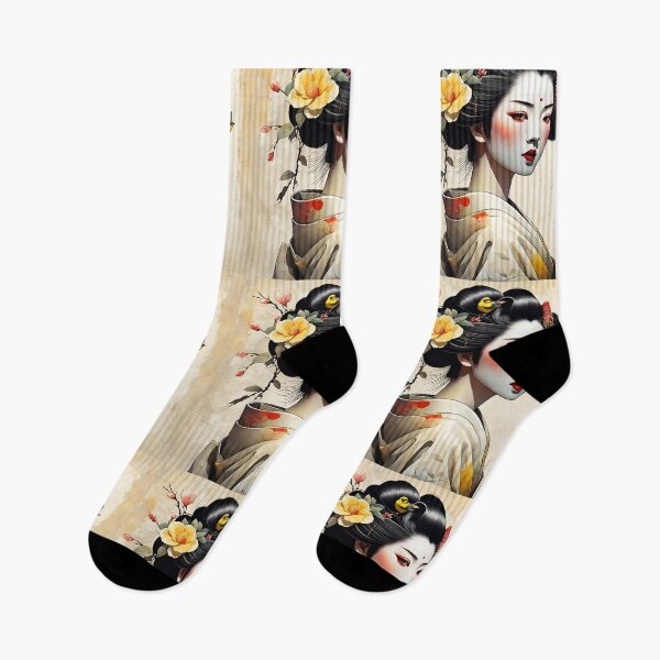 Item preview,  Beautiful Japanese geisha in flowerish silk  kimono with yellow birds , cherry blossom, sakura, hanami designed and sold by Coolparrotgirl.