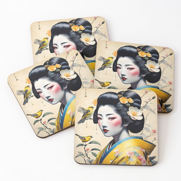 Item preview, Beautiful Japanese geisha in yellow silk  kimono with yellow birds , cherry blossom, sakura, hanami designed and sold by Coolparrotgirl.