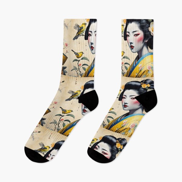 Item preview, Beautiful Japanese geisha in yellow silk  kimono with yellow birds , cherry blossom, sakura, hanami designed and sold by Coolparrotgirl.