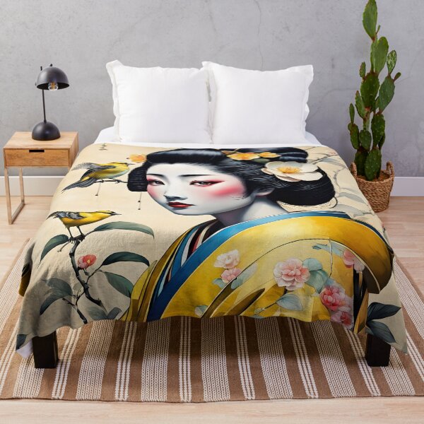 Item preview, Beautiful Japanese geisha in yellow silk kimono with yellow birds , cherry blossom, sakura, hanami designed and sold by Coolparrotgirl.