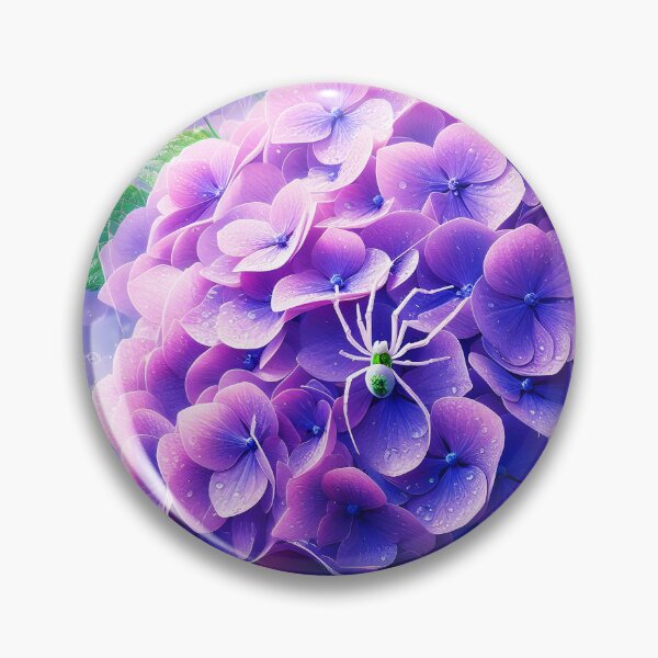 Item preview, Tiny white spider on purple hydrangea and white dew spiderweb realistic digitalart after rain raindrops designed and sold by EmeraldeaArt.