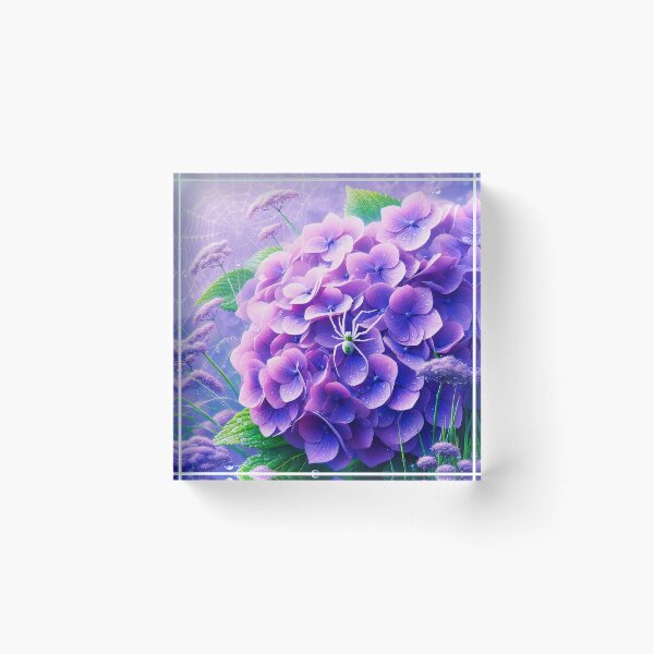 Item preview, Tiny white spider on purple hydrangea and white dew spiderweb realistic digitalart after rain raindrops designed and sold by EmeraldeaArt.