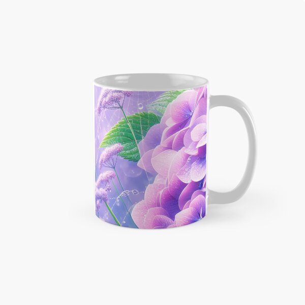 Item preview, Tiny white spider on purple hydrangea and white dew spiderweb realistic digitalart after rain raindrops designed and sold by EmeraldeaArt.