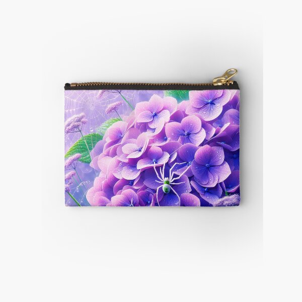 Item preview, Tiny white spider on purple hydrangea and white dew spiderweb realistic digitalart after rain raindrops designed and sold by EmeraldeaArt.