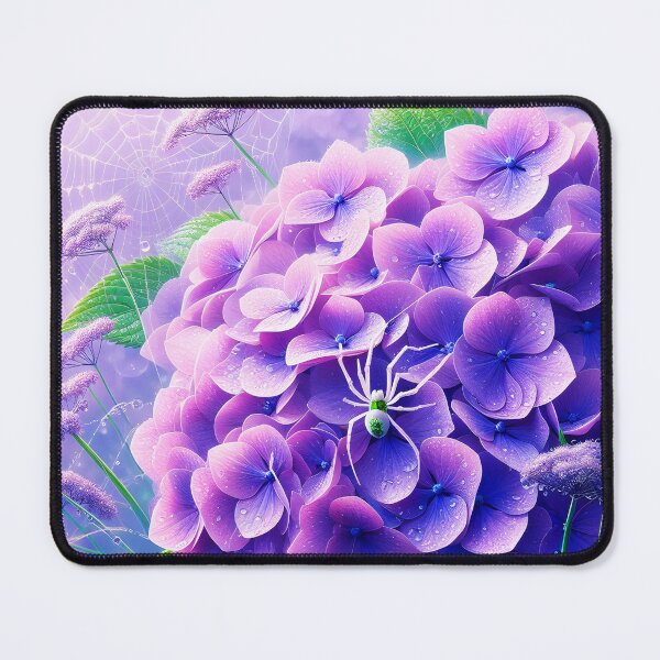 Item preview, Tiny white spider on purple hydrangea and white dew spiderweb realistic digitalart after rain raindrops designed and sold by EmeraldeaArt.