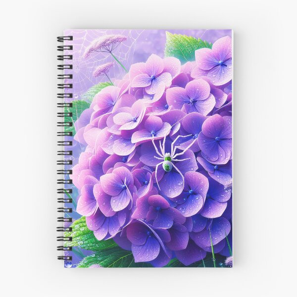 Item preview, Tiny white spider on purple hydrangea and white dew spiderweb realistic digitalart after rain raindrops designed and sold by EmeraldeaArt.