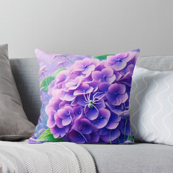 Item preview, Tiny white spider on purple hydrangea and white dew spiderweb realistic digitalart after rain raindrops designed and sold by EmeraldeaArt.