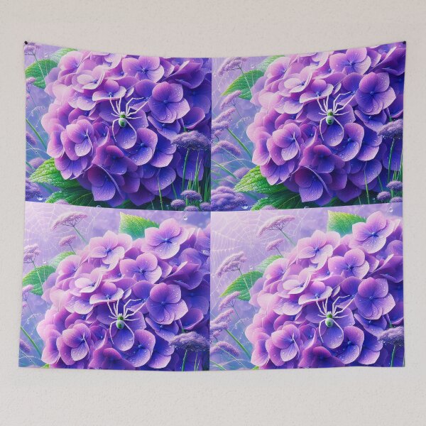 Item preview, Tiny white spider on purple hydrangea and white dew spiderweb realistic digitalart after rain raindrops designed and sold by EmeraldeaArt.
