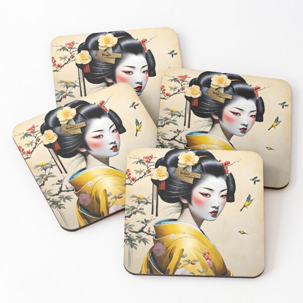 Item preview, Beautiful Japanese geisha in yellow silk  kimono with yellow birds , cherry blossom, sakura, hanami designed and sold by Coolparrotgirl.