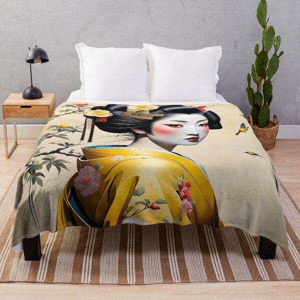 Item preview, Beautiful Japanese geisha in yellow silk kimono with yellow birds , cherry blossom, sakura, hanami designed and sold by Coolparrotgirl.