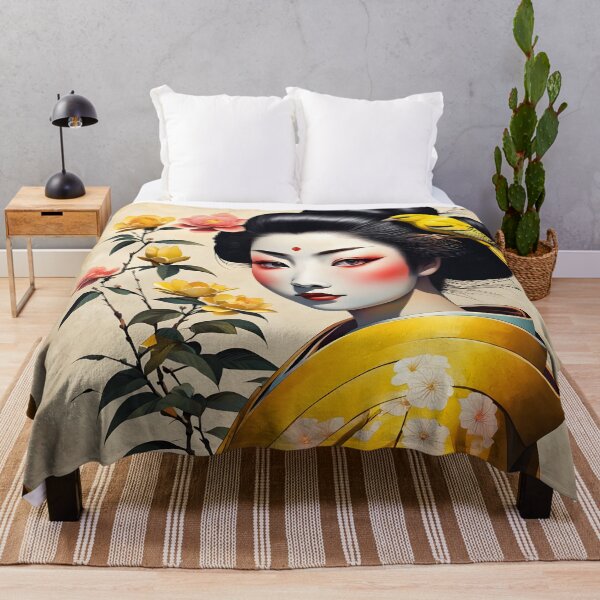 Item preview, Beautiful Japanese geisha in yellow silk kimono with yellow birds , cherry blossom, sakura, hanami designed and sold by Coolparrotgirl.