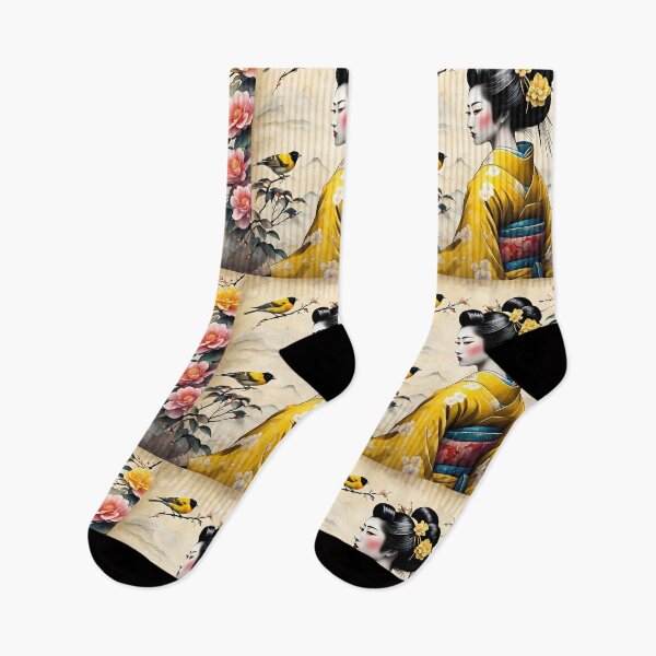 Item preview, Beautiful Japanese geisha in yellow silk  kimono with yellow birds , cherry blossom, sakura, hanami designed and sold by Coolparrotgirl.