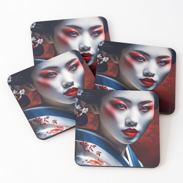 Item preview, Beautiful Japanese geisha in blue silk  kimono, traditional red eye make up,cherry blossom, sakura, hanami designed and sold by Coolparrotgirl.
