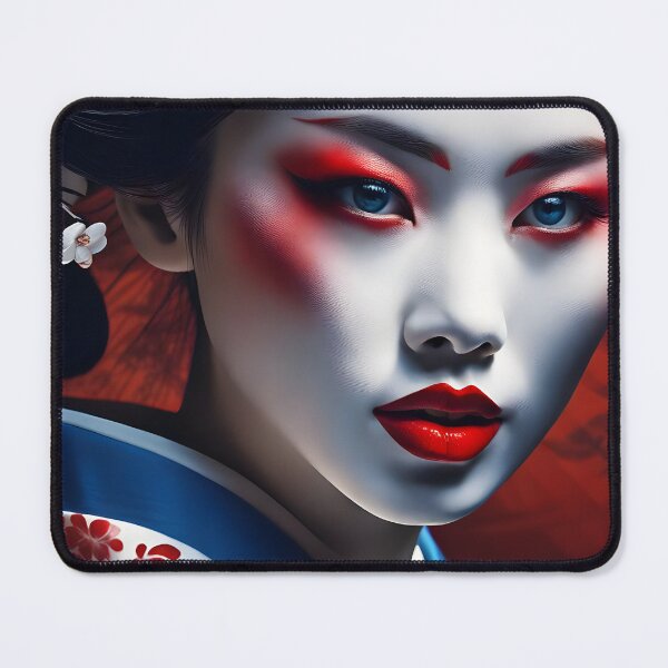 Item preview, Beautiful Japanese geisha in blue silk kimono, traditional red eye make up,cherry blossom, sakura, hanami designed and sold by Coolparrotgirl.