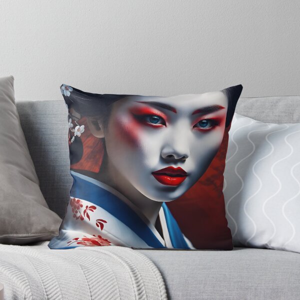 Item preview, Beautiful Japanese geisha in blue silk  kimono, traditional red eye make up,cherry blossom, sakura, hanami designed and sold by Coolparrotgirl.