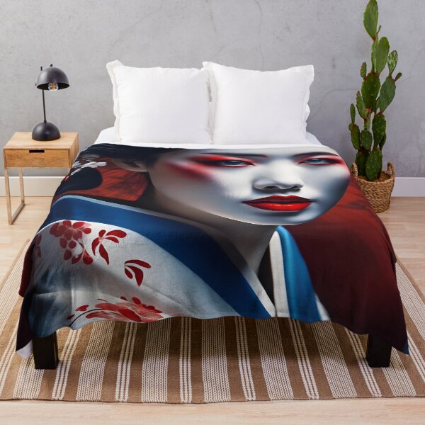 Item preview, Beautiful Japanese geisha in blue silk  kimono, traditional red eye make up,cherry blossom, sakura, hanami designed and sold by Coolparrotgirl.