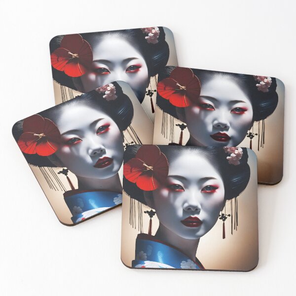 Item preview, Beautiful Japanese geisha in blue silk  kimono, traditional red eye make up,cherry blossom, sakura, hanami designed and sold by Coolparrotgirl.