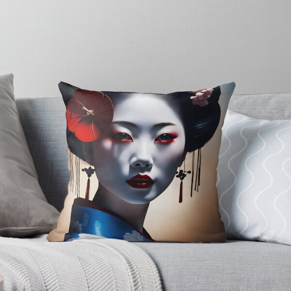Item preview, Beautiful Japanese geisha in blue silk  kimono, traditional red eye make up,cherry blossom, sakura, hanami designed and sold by Coolparrotgirl.