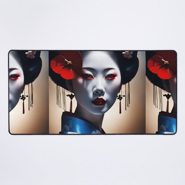 Item preview, Beautiful Japanese geisha in blue silk kimono, traditional red eye make up,cherry blossom, sakura, hanami designed and sold by Coolparrotgirl.